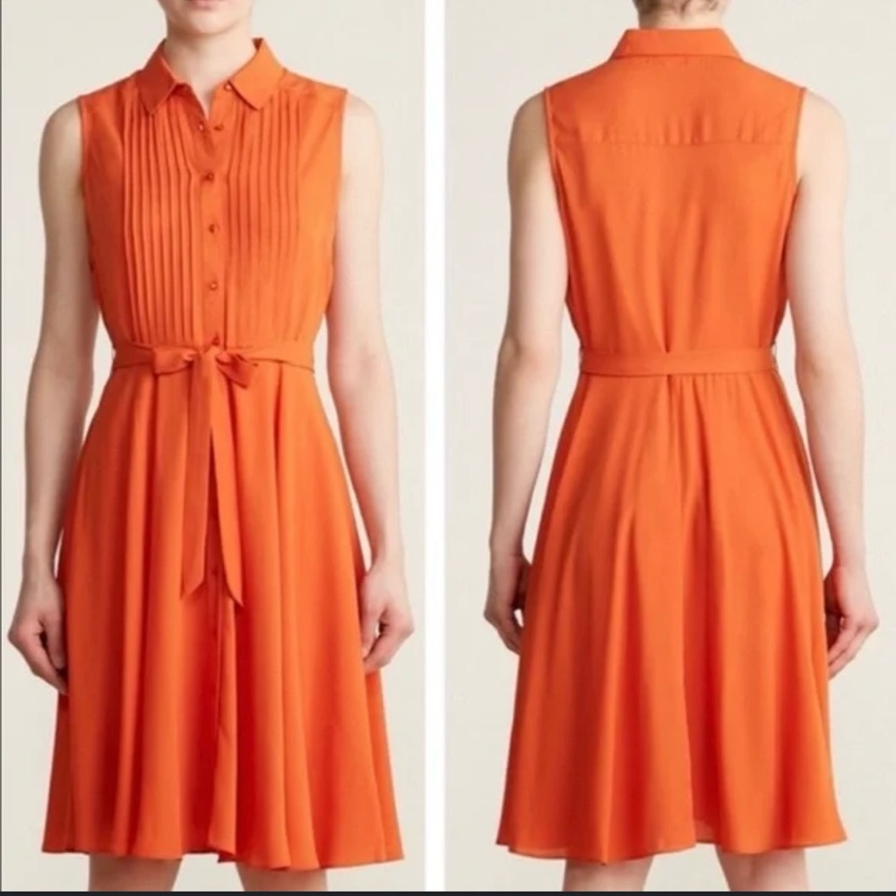 Nanette Lepore Pleat & Button Front Belted Dress in Vivid Coral Size 10